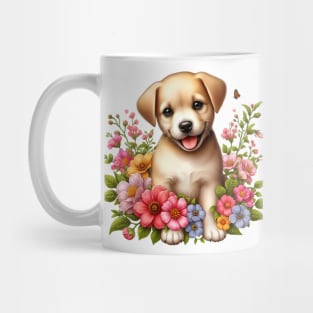 A golden retriever puppy decorated with beautiful colorful flowers. Mug